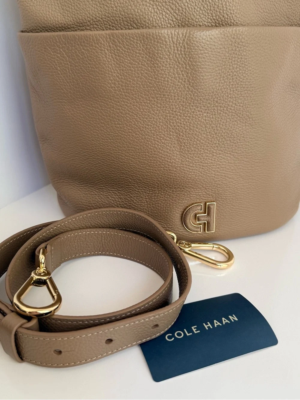 Cole Haan Pebbled Taupe Leather Shoulder Bag with Gold Hardware - Picture 1 of 9